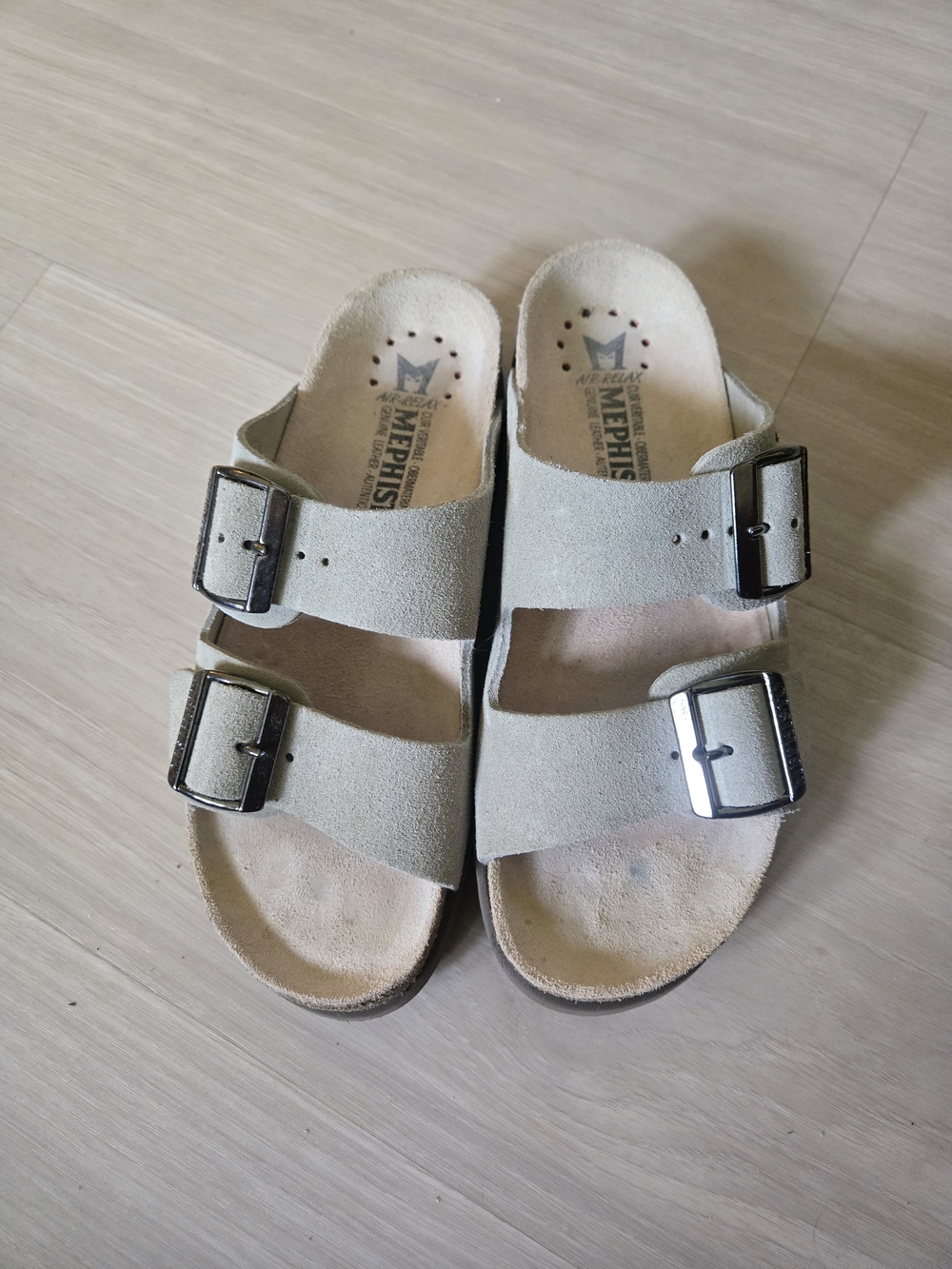 Mephisto Women's Double-Buckle Suede Slide Sandals in Light Gray